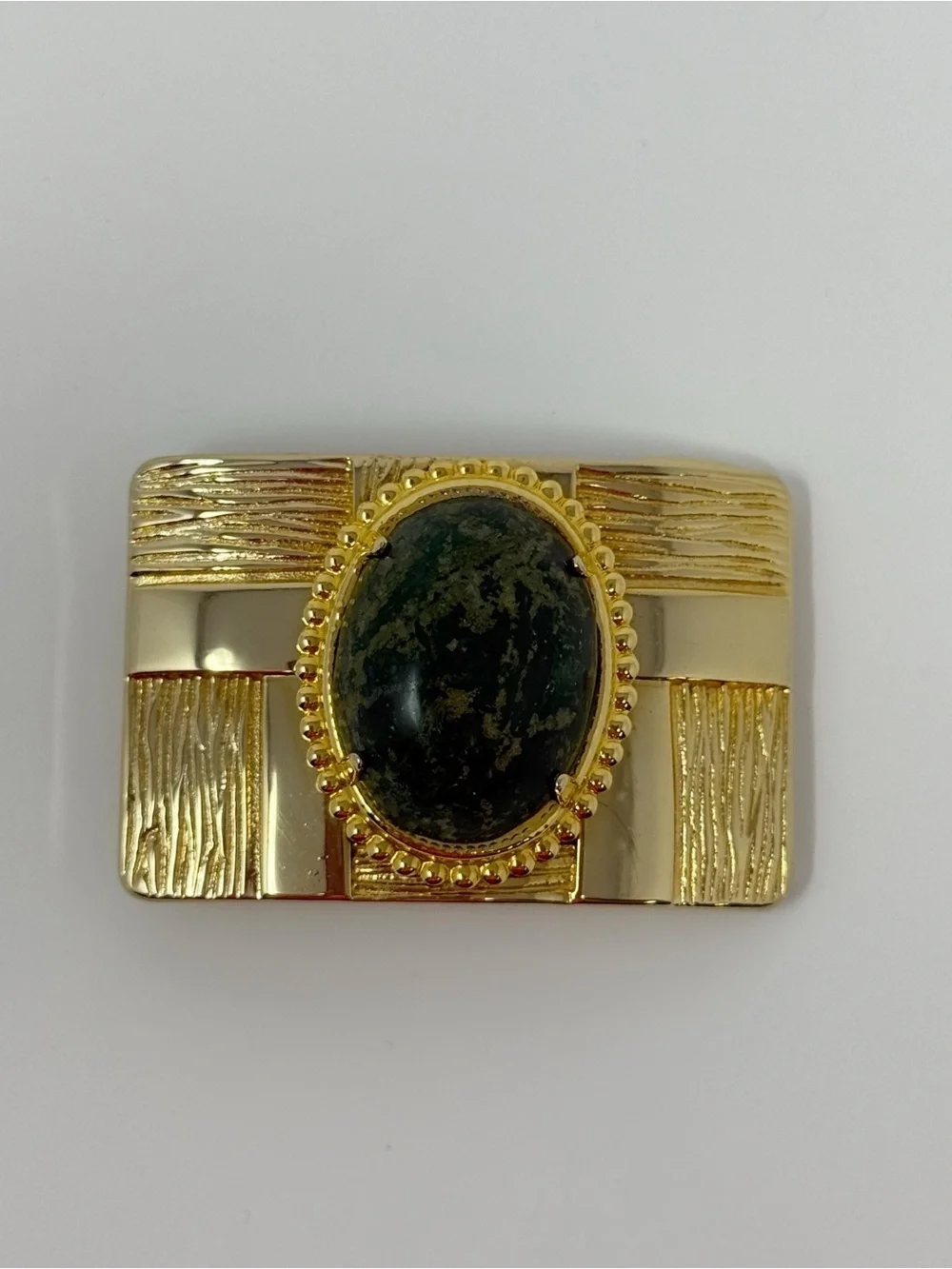 Vintage Gold Tone Belt Buckle Statement Green Stone Cabochon Rectangle Textured